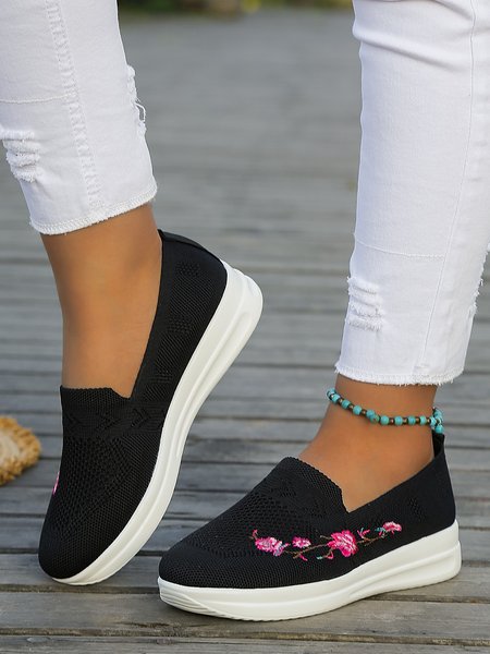 

Floral Embroidery Breathable Mesh Fabric Slip On Sneakers, Black, Sneakers