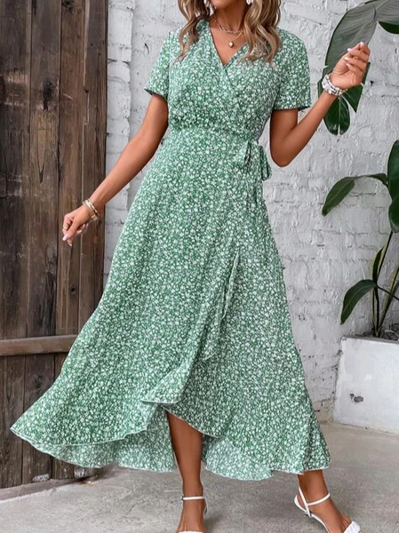 

Floral Loose V Neck Casual Dress, Green, Dresses
