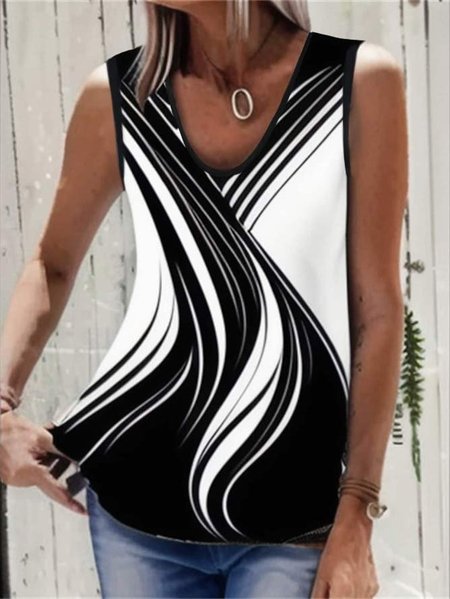 

Casual Black And White Colorblock V Neck Tank Top, Tanks & Camis