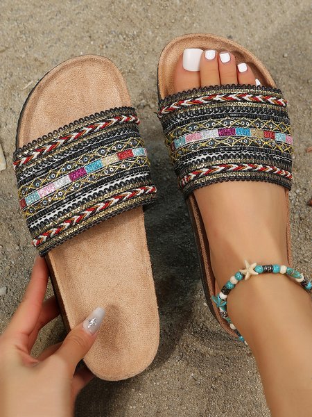 

Wide Strap Bohemian Ethnic Footbed Slide Sandals, Multicolor, Sandals