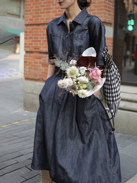 

Casual Short sleeve Shirt Collar Plain Dress With No, Dark blue, Midi Dresses