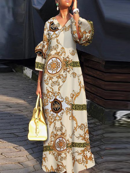 

Floral Regular Fit Elegant V Neck Dress With No, Yellow, Maxi Dresses