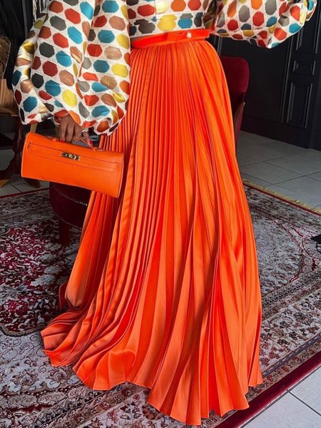 

Pleated Plain Loose Vacation Skirt, Orange, Skirts