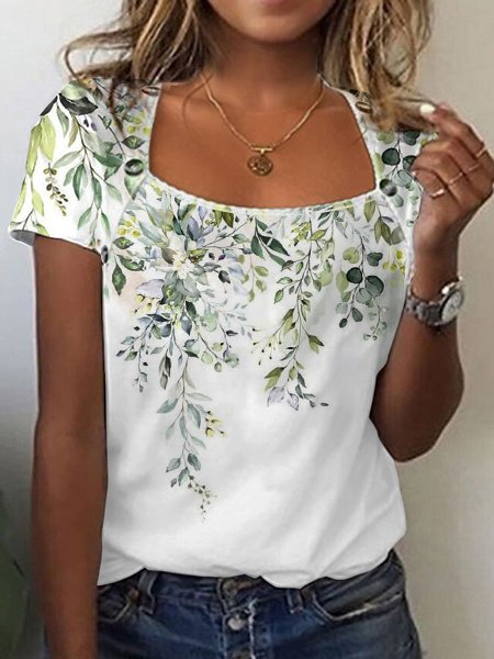 

Leaf Casual Loose Square Neck Shirt, Green, Shirts & Blouses