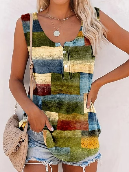

Loose Crew Neck Casual Tank Top, Green, Tanks & Camis