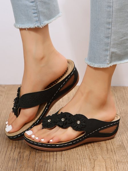 

Women Applique Decor Massage Flip-flops Wedge Slide Sandals, Black, Sandals