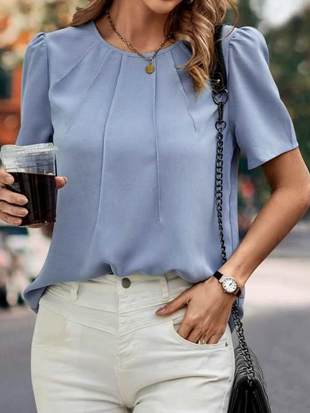 

Plain Buttoned Casual Crew Neck Shirt, Blue, Shirts & Blouses