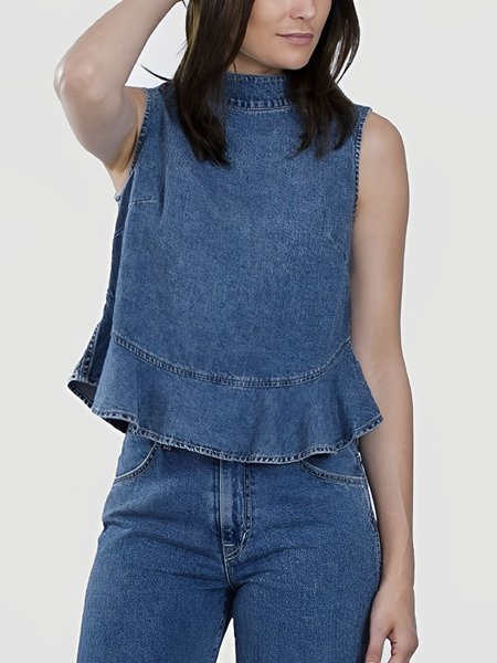 

Urban Crew Neck Loose Plain Denim Blouse, Blue, Blouses and Shirts