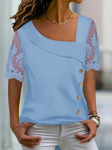 

Plus Size Casual Lace Plain Loose T-Shirt, Blue, Blouses & Shirts