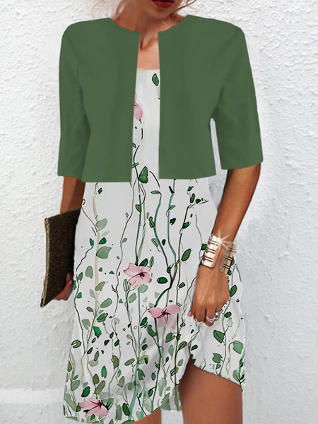 

Crew Neck Casual Floral Regular Fit Two-Piece Set, Green, Dresses