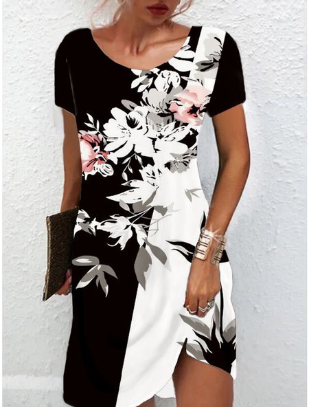 

Jersey Color Block Regular Sleeve Loose Casual Dress, Black-white, Dresses