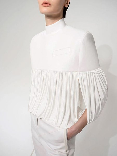

Plain Elegant Stand Collar Loose Shirt, White, Blouses and Shirts
