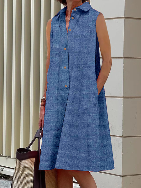 

Plain Urban Loose Sleeveless Denim Dress With No Belt Shirt Dress, Denim blue, Mini Dresses