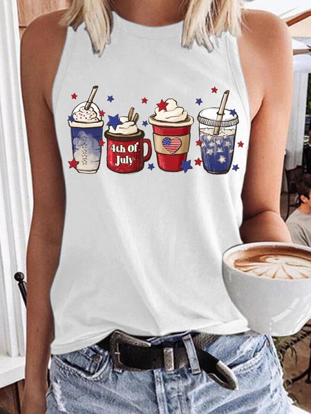 

Women's 4th of July Coffee Independence Patriotic Print Casual Tank Top, White, Tank Tops