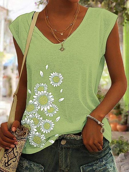 

Women's Leisure Sunflower Daisy Printed T-Shirt, Green, T-Shirts