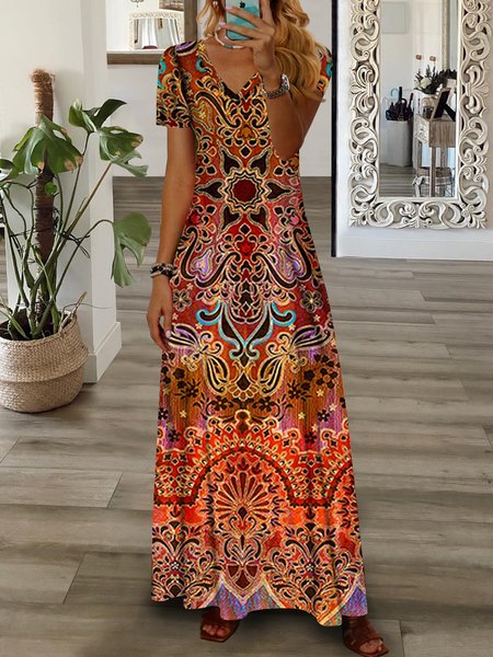

V Neck Loose Ethnic Casual Dress, Red, Casual Dresses