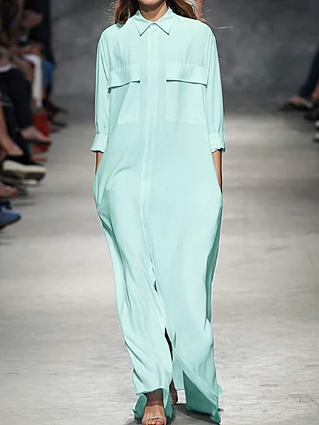 

Casual Shirt Collar Dress, Blue, Maxi Dresses