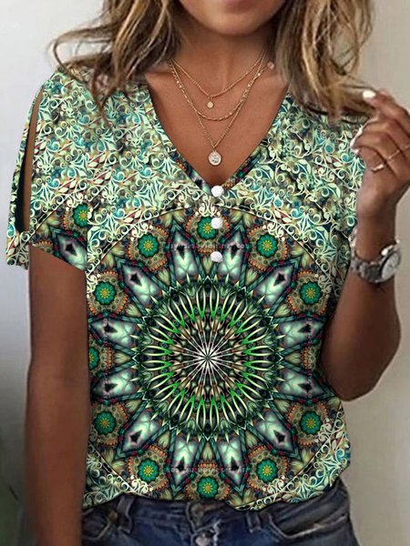 

Casual V Neck Loose Ethnic T-Shirt, Green, T-Shirts