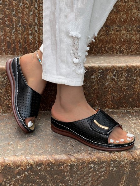 

Breathable Hollow out Metal Decor Comfy Slide Sandals, Black, Sandals