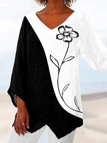

Color Block Cotton Loose Floral V Neck Shirt, Black, Shirts & Blouses