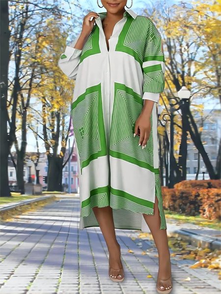 

Shirt Collar Geometric Regular Fit Casual Dress, As picture, Maxi Dresses