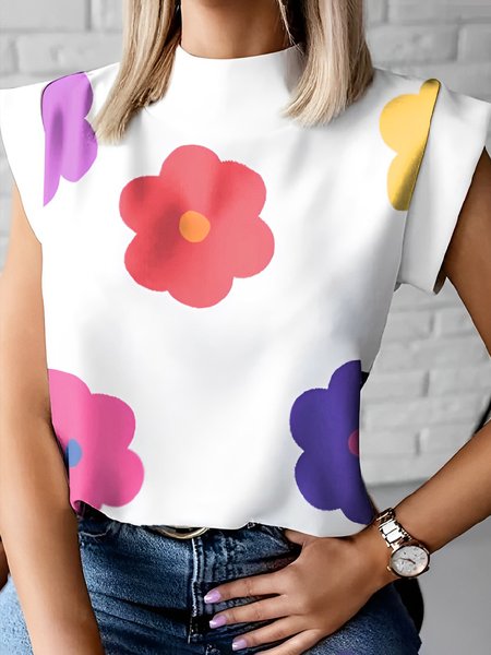 

Stand Collar Casual Loose Floral Shirt, White, Blouses and Shirts