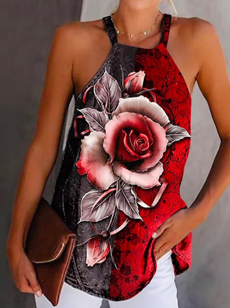 

Halter Casual Loose Floral Shirt, Red, Tanks & Camis