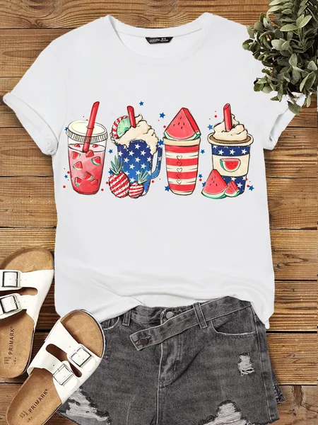 

Women's Cotton 4th of July Coffee Independence USA America coffee latte patriot Casual Crew Neck T-Shirt, White, T-shirts