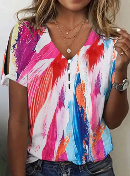 

Abstract Color V-Neck Loose T-Shirt, Pink, T-Shirts