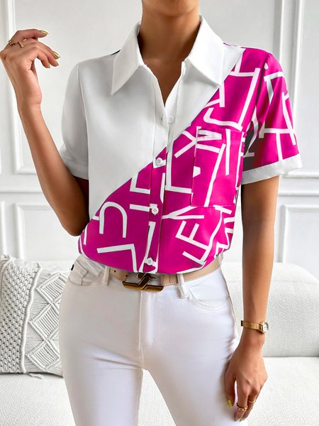 

Urban Letter Pattern Shirt Collar Blouse, Pink, Blouses and Shirts