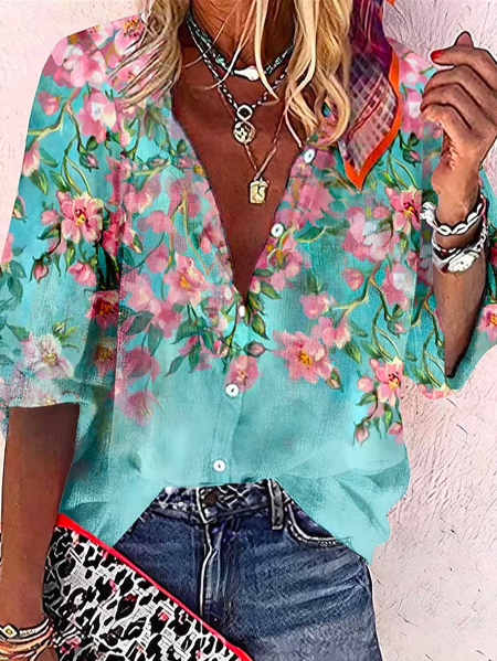 Floral V Neck Vacation Buttoned Loose Blouse