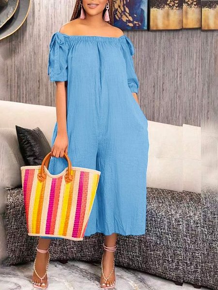 

Daily Cold Shoulder Plain Cotton Vacation Jumpsuit, Blue, Jumpsuits