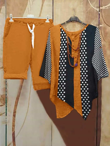 

JFN Cotton & Linen V Neck Casual Two-Piece Set, Orange, Suit Set