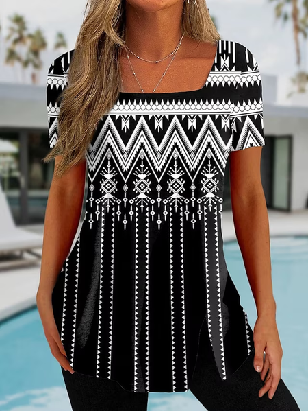 

Ethnic Square Neck Loose Boho T-Shirt, Black, T-Shirts