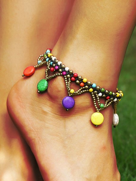 

Vintage Ethnic Colorful Stone Beaded Anklet Bohemian Vacation Women's Jewelry, Multicolor, Anklets