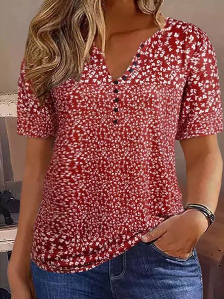 

Plus Size Casual Loose Half Open Collar Disty Floral T-Shirt, Red, T-Shirts