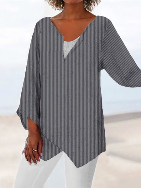 

Women Striped V Neck Three Quarter Sleeve Loose Tunic Top, Gray, Tunics
