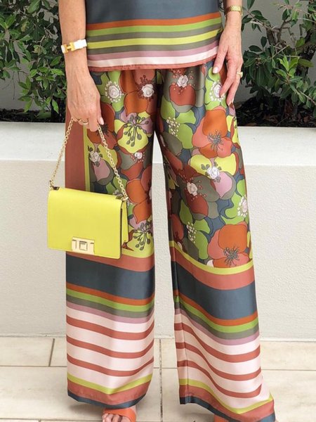 

Vacation Loose Floral Striped Fashion Pants, Multicolor, Pants