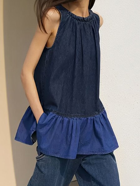 

Crew Neck Casual Denim Color Block Shirt, Blue, Blouses and Shirts