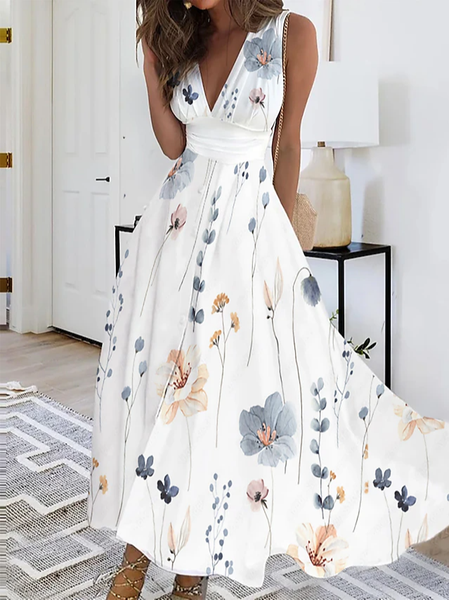 

Casual Regular Fit Floral V Neck Dress, White, Dresses