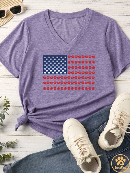 

Women's Dog Paws Print American Flag Matching V Neck T-Shirt, Purple, T-shirts