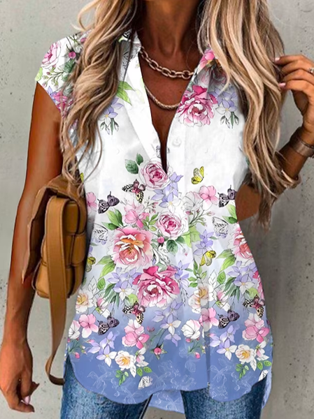 

Loose Shirt Collar Floral Vacation Blouse, Blue, Shirts & Blouses