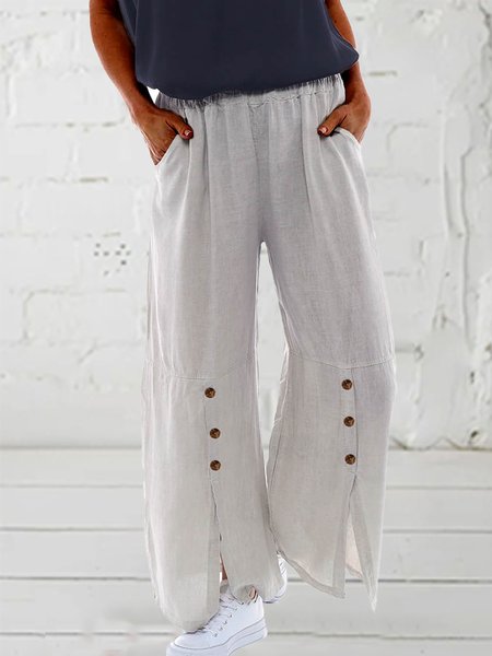 

Women Front Slit Buckle Linen Cotton Loose Plain Pants, Light gray, Pants