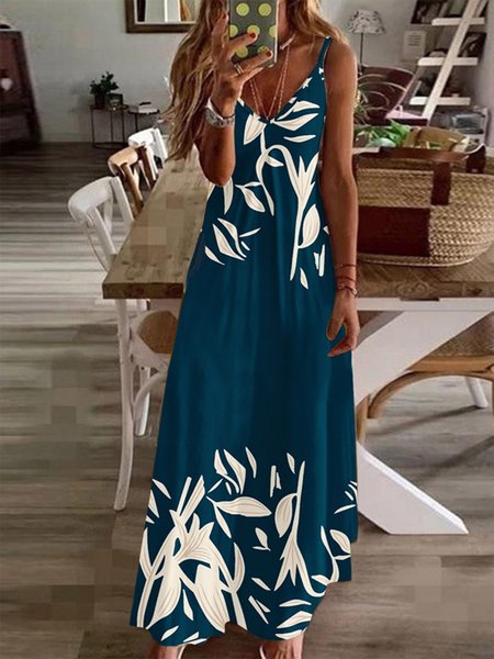 

Vintage Floral Print Strap Maxi Dress, Dark blue, Dresses
