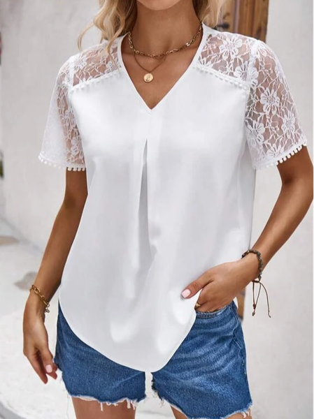 

Loose Casual Plain V Neck Shirt, White, Shirts & Blouses