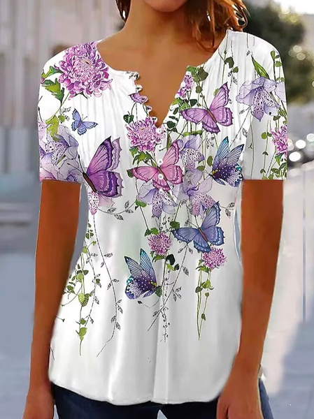 

Vacation Floral V Neck Loose T-Shirt, White, T-Shirts