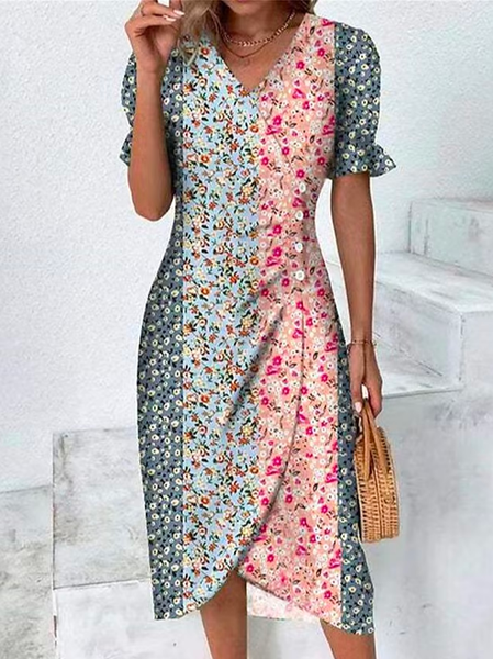 

Buttoned V Neck Loose Vacation Dress, Pink, Dresses