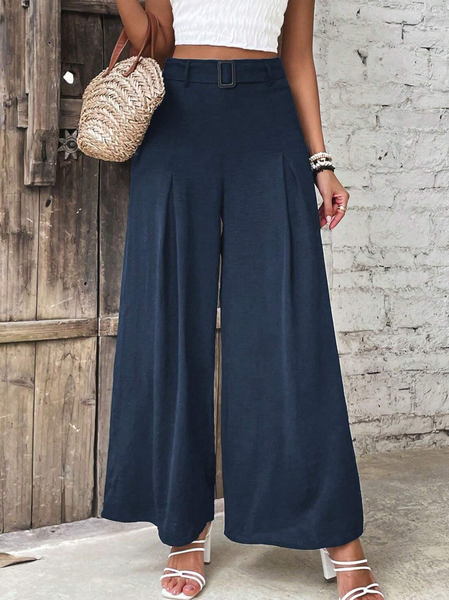 

Plain Loose Simple Pants With Belt, Dark blue, Pants