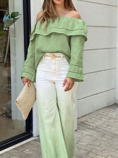 

Plain Loose Cold Shoulder Vacation Shirt, Green, Blouses and Shirts