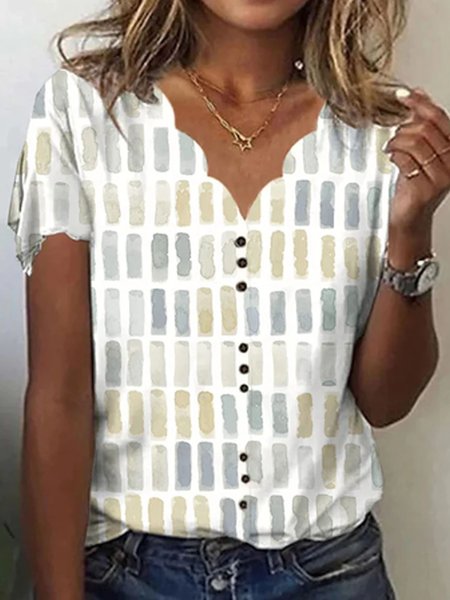 

Buckle Geometric Printed Casual V Neck Shirt, White, Shirts & Blouses
